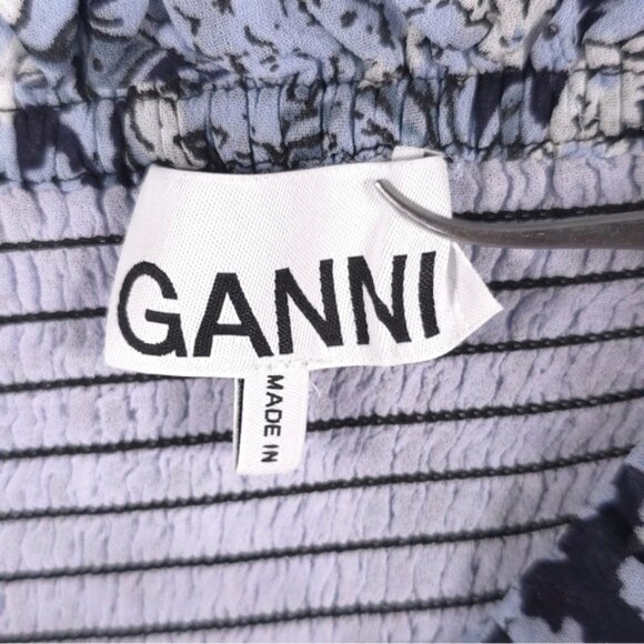 GANNI Blue Floral Georgette Smocked Pull on Lined Mini Skirt Size 34 SMALL‎ - Picture 6 of 13